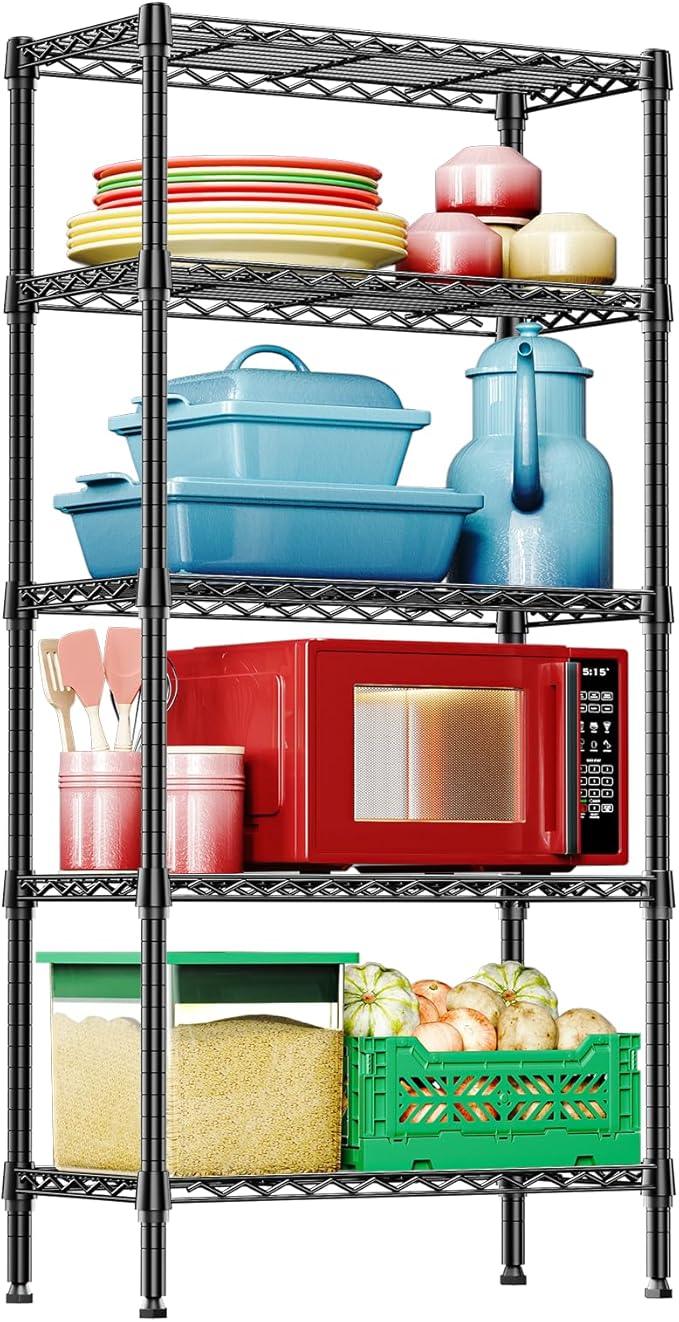 IZEUK 5-Tier Black Metal Storage Shelves, Heavy Duty Wire Shelving Unit for Home, Kitchen, Office, or Garage Organization, 1250 lbs Capacity, 13.8" D x 29.5" W x 59.5" H - ModernBath