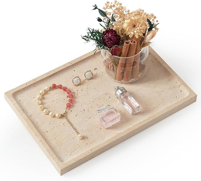 Real Luxurious Natural Travertine Tray - 12x8 Inch Marble Vanity Tray for Perfume Display, Jewelry Organizer, Bathroom & Home Decor -Heavy Duty Non-Slip Stone Tray (Non-Resin/Non-Ceramic) - ModernBath
