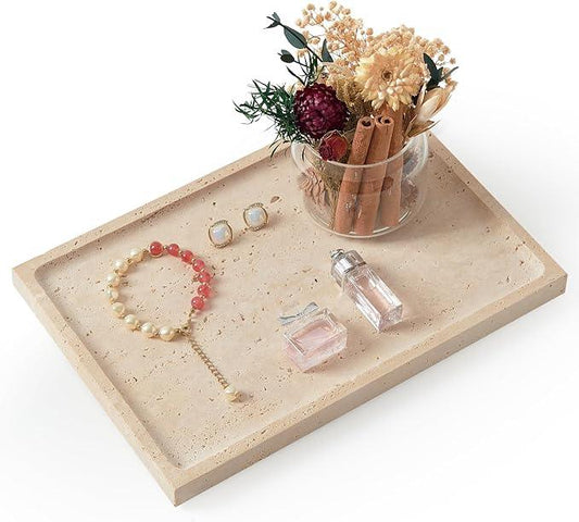 Real Luxurious Natural Travertine Tray - 12x8 Inch Marble Vanity Tray for Perfume Display, Jewelry Organizer, Bathroom & Home Decor -Heavy Duty Non-Slip Stone Tray (Non-Resin/Non-Ceramic) - ModernBath