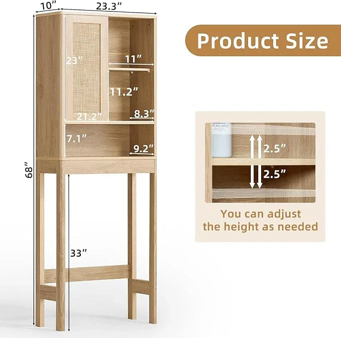 LEYAOYAO Over The Toilet Storage Cabinet with Rattan Sliding Door, 68" Tall Wood Above Toilet Bathroom Organizer w/Adjustable Shelf & Curved Profile, Space Saver Freestanding Washer Shelf, Natural - ModernBath