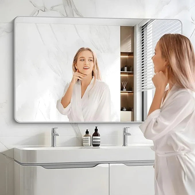 CIVENO 48x30 Inch Silver Bathroom Mirror, Metal Framed Silver Rectangle Mirrors, Rounded Rectangular Vanity Mirror, Wall Mounted Mirrors for Living Room Bedroom Entryway Hangs Horizontal or Vertical - ModernBath