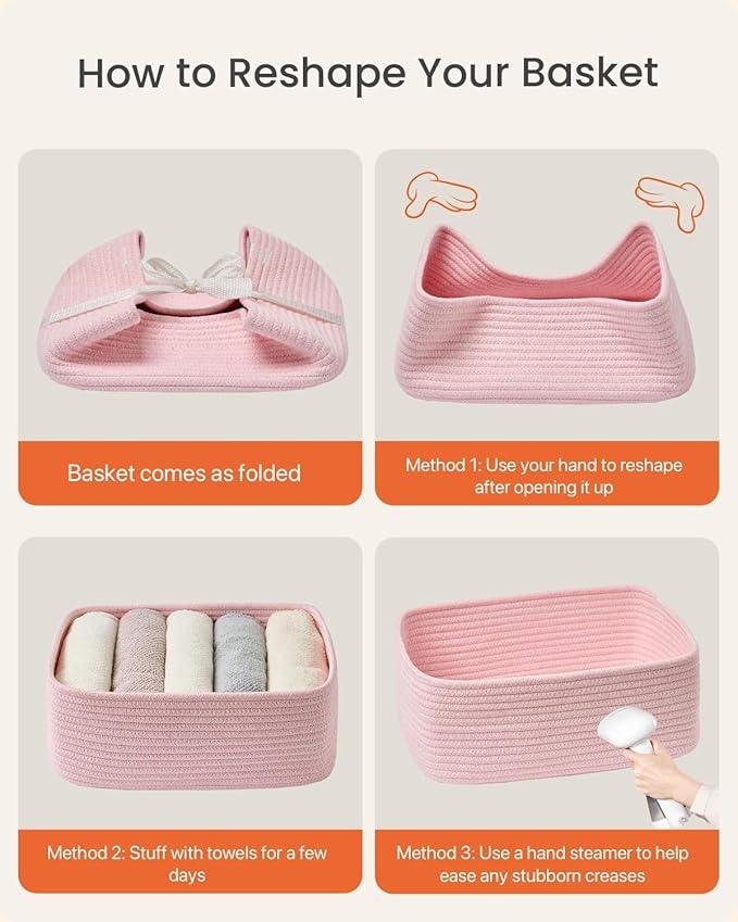 Small Woven Basket, 13.5 x 9.5 x 5 Inches, Storage Basket for Organizing, Cute Small Rope Shelf Closet Cube Storage Bins Baskets for Shelves, Dog Toy Gift Baskets Empty, 3 Pack Light Pink - ModernBath