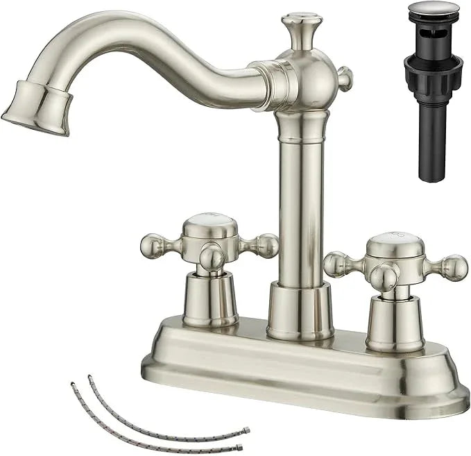 GGStudy Bathroom Faucet Brushed Nickel 2 Handles 4 Inches Centerset RV Vanity With Drain Assembly and Supply Hose - ModernBath