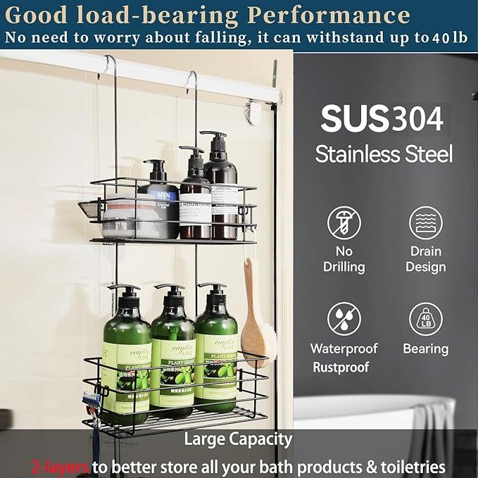 Seltomer Shower Organizer Hanging Shower Caddy with Rotatable Hook bar Over the Door and Can be Hung on the Faucet or Claw Foot, Stainless Steel Rust Proof and Durable （Black） - ModernBath