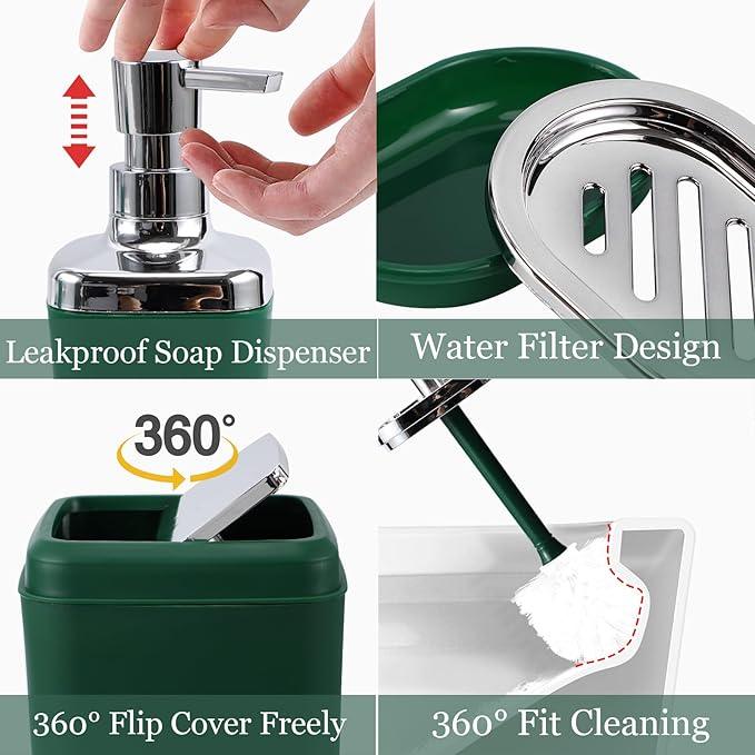 XLHOMO Bathroom Set - Dark Green Bathroom Accessories Set, Bathroom Sets with Shower Curtain and Rugs, Green Shower Curtain Set with Bathroom Trash Can, Soap Dispenser, Soap Dish for Home Decor - ModernBath