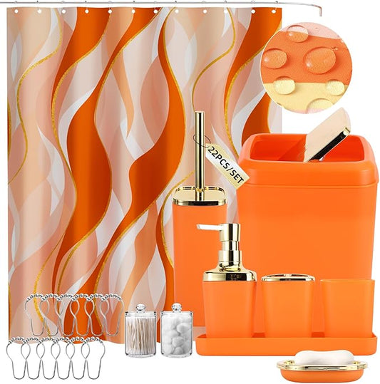 XLHOMO Orange Bathroom Accessories, Bathroom Sets with Stripe Shower Curtain, Orange and Gold Bathroom Accessories Set with Trash Can, Soap Dispenser, Soap Dish, Qtip Holders for Bathroom