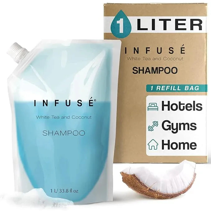 INFUSÉ 1 Liter Shampoo Refill Bag For Soap Dispensers | Bulk Toiletries for Vacation Rentals, and Home Bathroom Showers | White Tea and Coconut | Single - ModernBath