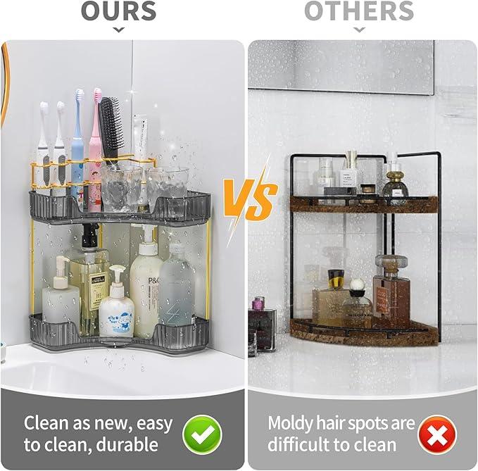 shuang qing Upgraded 2-Tier Corner Bathroom Countertop Organizer – Spacious Storage for Makeup, Skincare & Perfumes, Built-in Brush Holder Fits Vanity/Dresser/Bsthtub (Slate Gray) - ModernBath