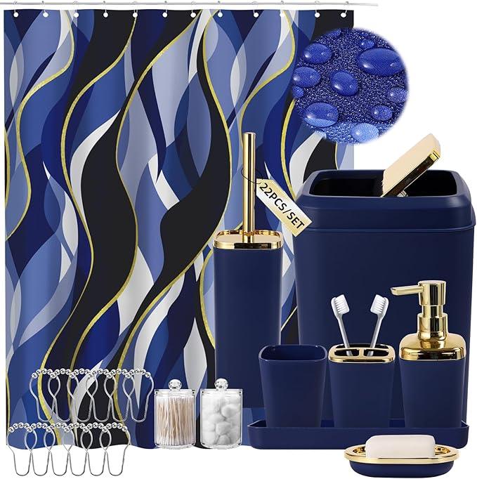 XLHOMO Blue Bathroom Set, Bathroom Sets with Stripe Shower Curtain, Navy Blue and Gold Bathroom Accessories with Trash Can, Soap Dispenser, Soap Dish, Toilet Brush Holder, Qtip Holders for Bathroom - ModernBath