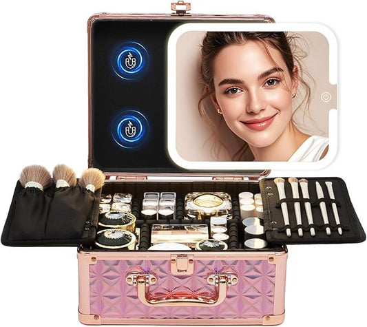 Yooaye Makeup Box with Detachable Lighted Mirror–Travel Train Case, Cosmetic Storage Organizer & Makeup Suitcase with Adjustable Dividers & Magnetic LED Mirror (Pink) - ModernBath
