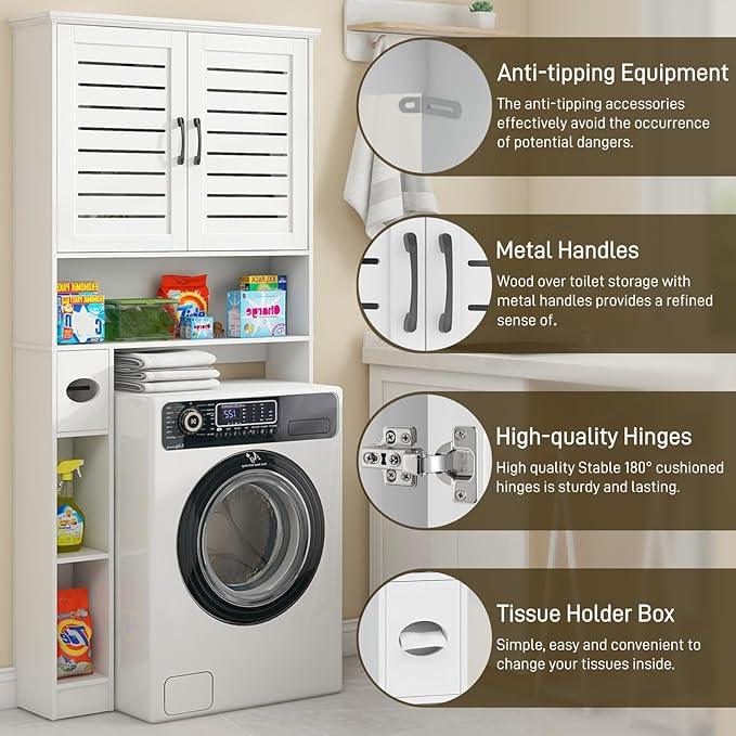Over The Toilet Storage Cabinet, Wood Over Toilet Bathroom Organizer Cabinet with 2 Doors, Freestanding Home Space Save Toilet Rack for Restroom, Bathroom, Laundry, White - ModernBath