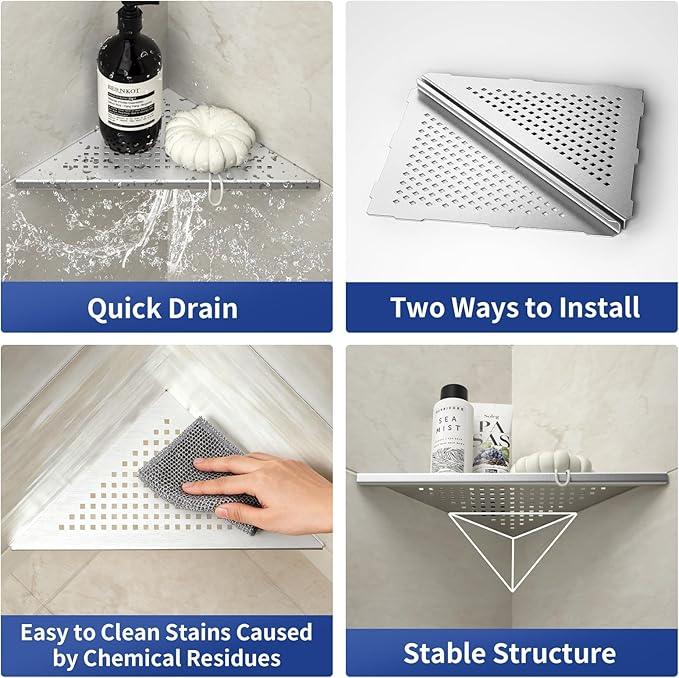 Corner Shower Shelf, 304 Stainless Steel 10" Brushed Recessed Shelf for Bathroom, Grout in Shelf for Tiled Wall - ModernBath