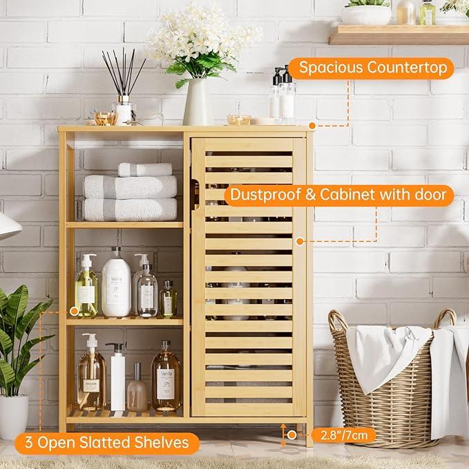 HITNET Bathroom Floor Cabinet, Bamboo Storage Cabinet with Door and 3 Open Shelves, Freestanding Side Kitchen Cupboard Organizer, Natural - ModernBath
