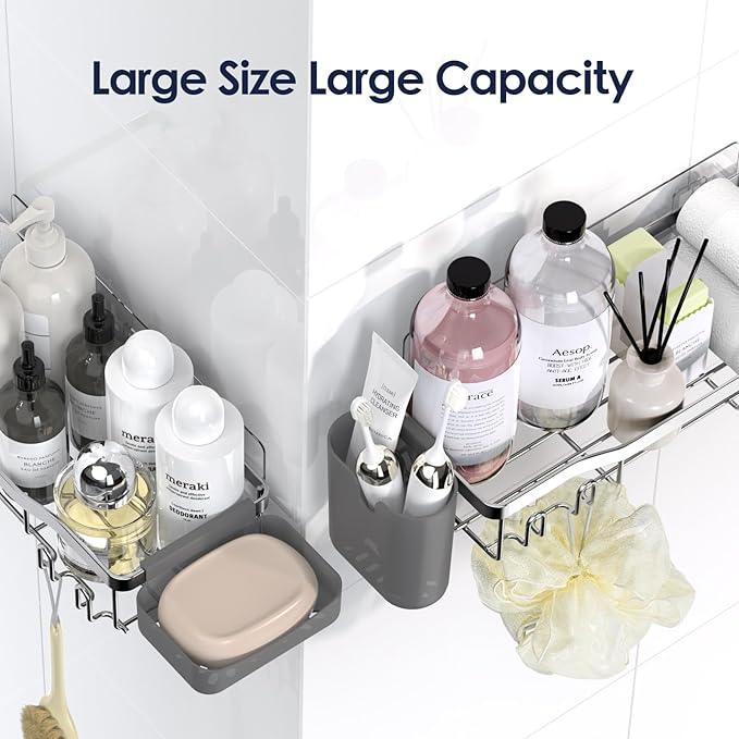 Shower Caddy Adhesive Shower Organizer 7-Pack, Rustproof Stainless Steel Bathroom Shelves, Large Capacity No-Drill Rack Storage Accessories with Soap Dish Toothbrush Holder Hooks (Silver) - ModernBath