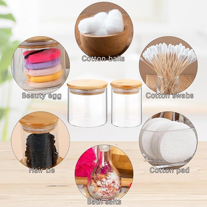 Dandat 6 Pack Glass Apothecary Jars with Lids Bamboo Bathroom Jars Cotton Ball Pad Round Swab Holder Dispenser Vanity Canisters for Countertop Storage Hair Ties Floss Organizer, 8.5 oz and 10.8 oz - ModernBath