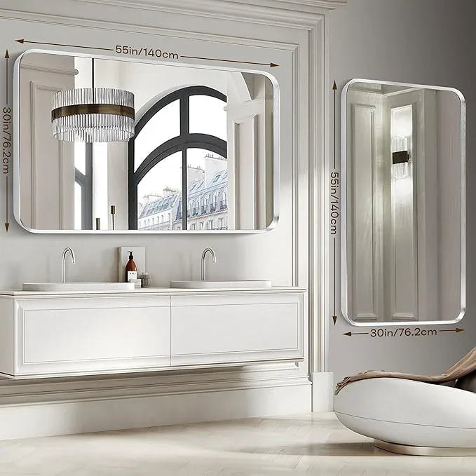 Minuover Brushed Nickel Bathroom Wall Mirror, Silver Metal Framed Large Rounded Corner Rectangle Mirror, Tempered Glass, Shatter Proof, Hangs Horizontally or Vertically (30" x 55", Silver) - ModernBath
