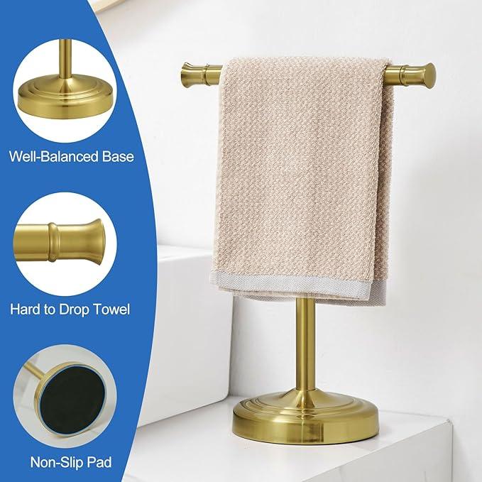 RUMOSE 13 Inch Brushed Gold Towel Stand Hand Towel Holder Bathroom Kitchen Vanity Countertop T-Shape Towel Rack Free Standing Stainless Steel Towel Bar Towel Ring - ModernBath