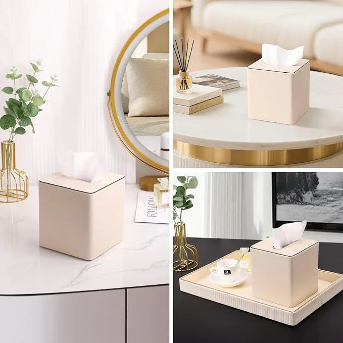 KINGFOM Leather Tissue Box Cover – Square Modern PU Leather Tissue Holder, Cube Tissue Dispenser for Home, Office, Bedroom, Bathroom – Elegant Minimalist Style (Beige-Square) - ModernBath