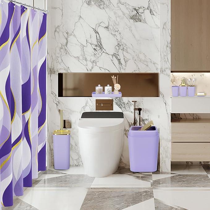 XLHOMO Purple Bathroom Accessories, Bathroom Sets with Stripe Shower Curtain, Purple and Gold Bathroom Accessories Set with Trash Can, Soap Dispenser, Soap Dish, Qtip Holders for Bathroom - ModernBath