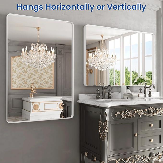 WEER White Bathroom Mirror 48X32 Inch, Rounded Rectangle White Metal Frame Mirror, Matte White Bathroom Vanity Mirror with Tempered Glass, Anti-Rust, Hangs Horizontally or Vertically - ModernBath