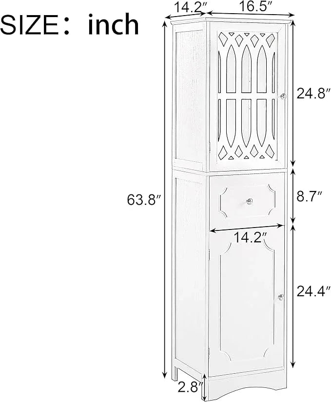 Tall Bathroom Storage Cabinet with 2 Doors & Drawer, 64" H Bathroom Cabinets Freestanding, Slim Linen Cabinet with Adjustable Shelves, Narrow Linen Tower for Living Room, Laundry Room, White - ModernBath