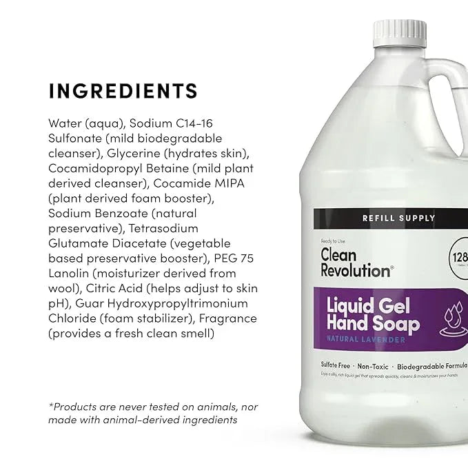 Clean Revolution Liquid Gel Hand Soap, Silky Rich Liquid, Quick Lather, Fast Rinsing, (Natural Lavender) 128 Fl Oz, 4 Pack - Made in USA - ModernBath