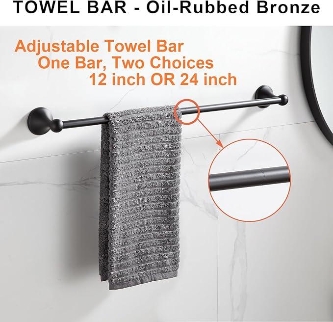 BGL Bathroom Hardware Set, Oil-Rubbed Bronze Adjustable Expandable Towel Bar 4-Piece ORB Bathroom Accessory Set Wall Mounted Robe Hook Toilet Paper Holder Towel Ring Towel Bar - ModernBath