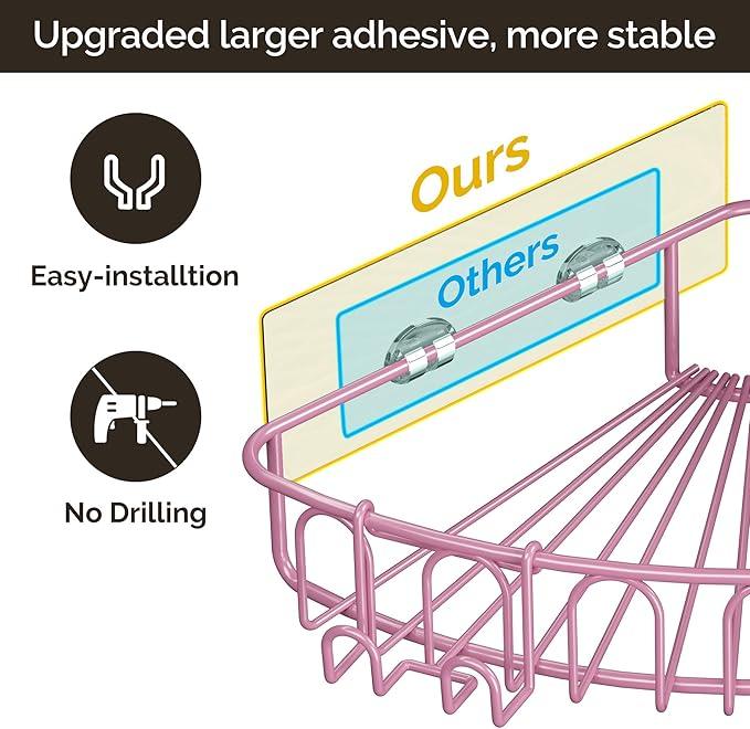 Orimade Corner Shower Caddy with 2 Hooks Wall Mounted Metal Bathroom Shelf Storage Organizer Adhesive No Drilling 2 Pack, Pink Only for 90-Degree Corner - ModernBath