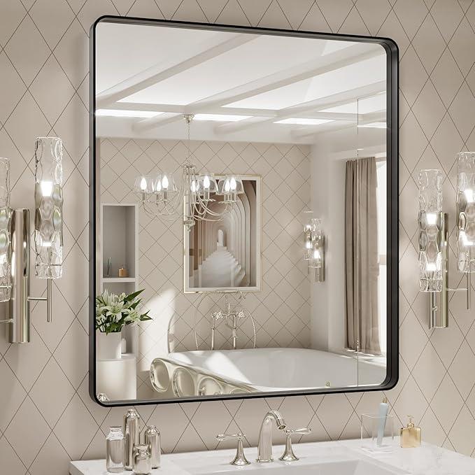 LOAAO 32x36 Inch Black Metal Framed Bathroom Mirror for Wall, Matte Black Bathroom Vanity Mirror Farmhouse, Large Rounded Rectangle Mirror, Anti-Rust, Tempered Glass, Hangs Horizontally or Vertically - ModernBath