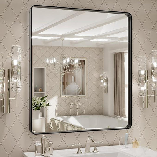 LOAAO 32x36 Inch Black Metal Framed Bathroom Mirror for Wall, Matte Black Bathroom Vanity Mirror Farmhouse, Large Rounded Rectangle Mirror, Anti-Rust, Tempered Glass, Hangs Horizontally or Vertically - ModernBath
