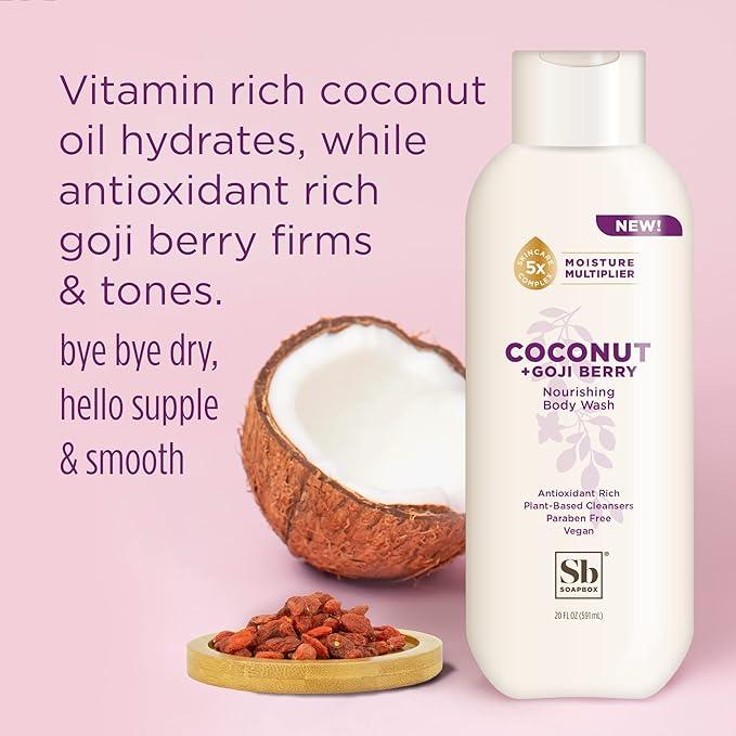 Soapbox Body Wash, Coconut + Goji Berry Body Wash for Women, Men, Vegan + Antioxidant Rich Moisturizing Soap with Shea Butter, Peptides & Keratin Promoting B3, 3 Pack, 20oz Each - ModernBath