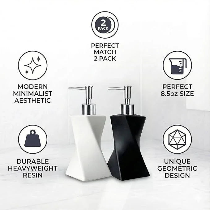 2 Pack Modern White & Black Hand Soap Dispenser Set for Bathroom Countertop, Dish Soap Dispenser for Kitchen, Contemporary Art Style, Rust Proof, 8.5oz - ModernBath