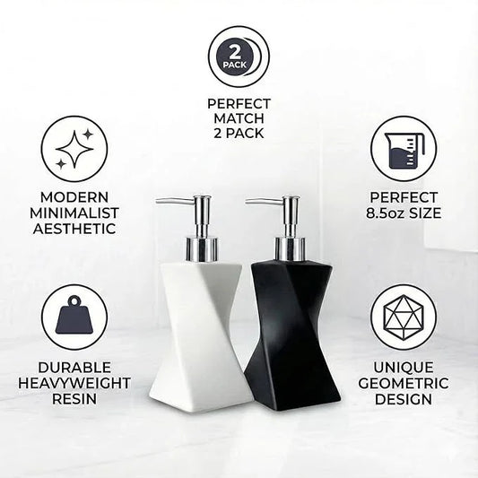 2 Pack Modern White & Black Hand Soap Dispenser Set for Bathroom Countertop, Dish Soap Dispenser for Kitchen, Contemporary Art Style, Rust Proof, 8.5oz - ModernBath