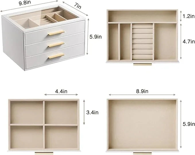 pickpiff Jewelry Box Organizer Case for Women: 3-Layer Jewelry Storage Case with Glass Window, Pure White Leather with Velvet Holder for Ring Necklace Bracelet Brooch Watch, Great Gift for Her - ModernBath