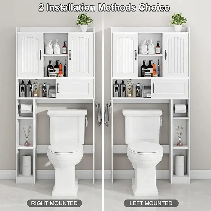 Vabches Farmhouse Over The Toilet Storage Cabinet with 2 Barn Doors & Sliding Door, Over The Toilet Bathroom Organizer with Open Storage Layer and Adjustable Shelves & Hooks.White - ModernBath