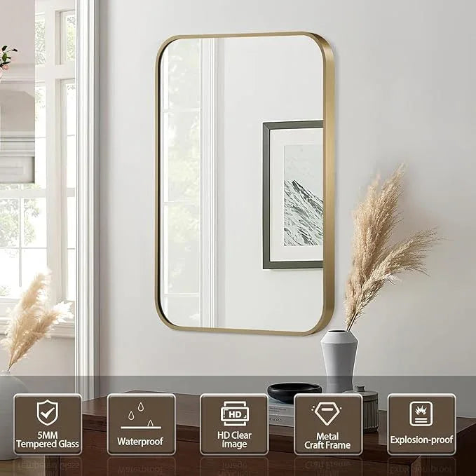 CLBA Gold Mirror, 30x36 Inch Gold Rectangle Mirror, Aluminum Alloy Framed Vanity Mirror, Rounded Rectangle Bathroom Mirror for Over Sink, Anti-Rust Wall Mirror (Horizontally or Vertically) - ModernBath