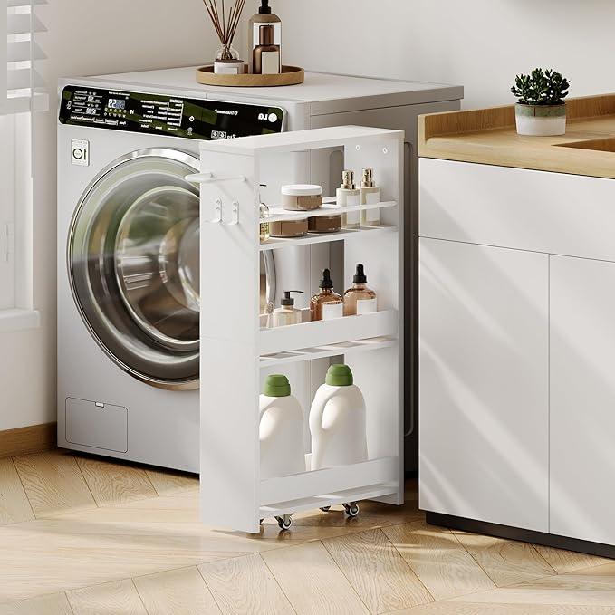 ChooChoo 4-Tier Slim Storage Cart with Handle, 5.51" W Rolling Utility Cart on Universal Wheels, Kitchen Cart Mobile Shelving Organization for Laundry Room, Bathroom & Narrow Places, White - ModernBath