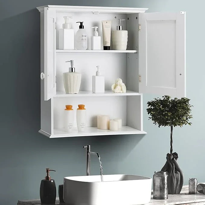 COSTWAY Wall Mounted Bathroom Cabinet, Over The Toilet Storage Cabinet w/Double Doors & Adjustable Shelf, Wood Hanging Medicine Cabinet for Living Room, Entryway, Kitchen (White) - ModernBath