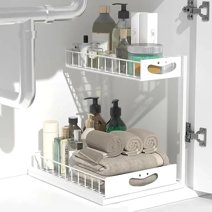 Under Sink Organizer with Pull-Out Drawers,Kitchen Sink Organizer,2 Tier Bathroom Organizers And Storage,Bathroom Accessories Set,White 2 Pack - ModernBath