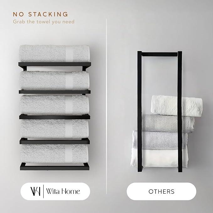 Modern Tiered Towel Rack - Wall-Mounted Metal Towel Shelf for Bathroom, Space-Saving Storage for Towels, Organizers, and Home Decor (Black, 5-Tier) - ModernBath