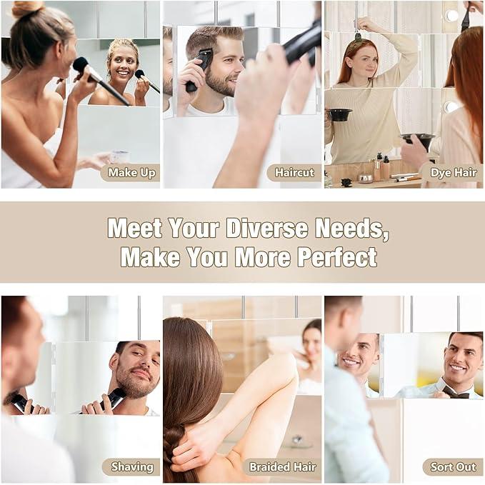 Dripex 3 Way Mirror for Men or Women, 360° Trifold Self Haircut Mirror with Height Adjustable Hooks, for Makeup, Styling, Shaving, Braiding, Dye Hair (White Without Led) - ModernBath