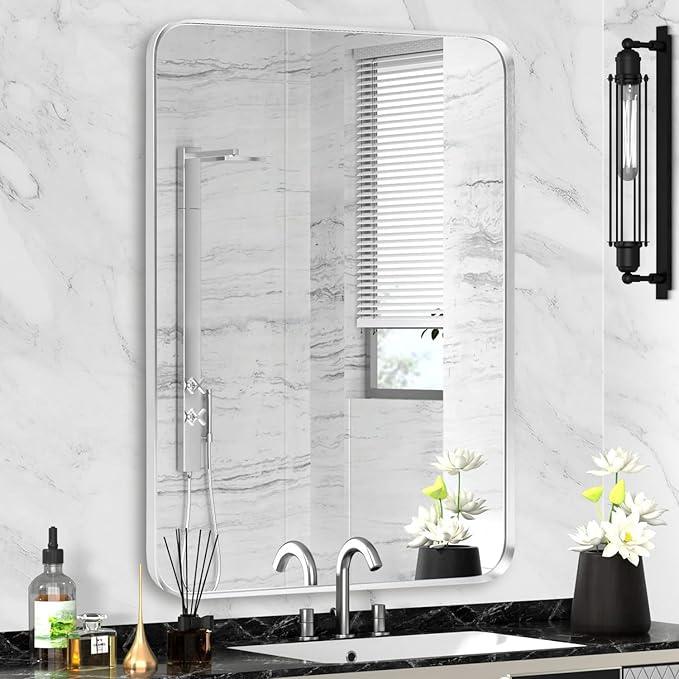 Minuover Silver Framed Bathroom Mirror, Brushed Nickel Rounded Corner Rectangle Wall Mirror, Tempered Glass, Shatter Proof, Anti-Rust, Hangs Horizontally or Vertically (24" x 32", Silver) - ModernBath