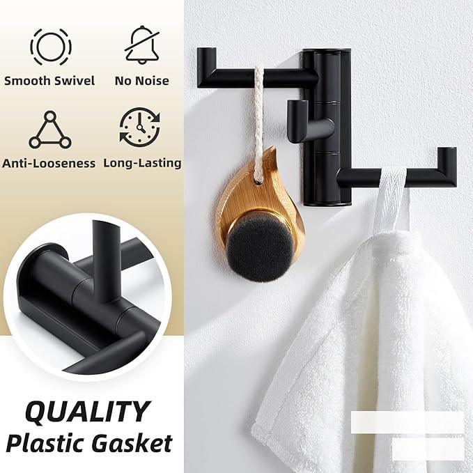 APLusee Swivel Towel Hook, 304 Stainless Steel Foldable Clothes Hook with Multi Three Rotating Arm, Flexible Bathroom Kitchen Storage Hanger Wall Mounted, Matte Black - ModernBath