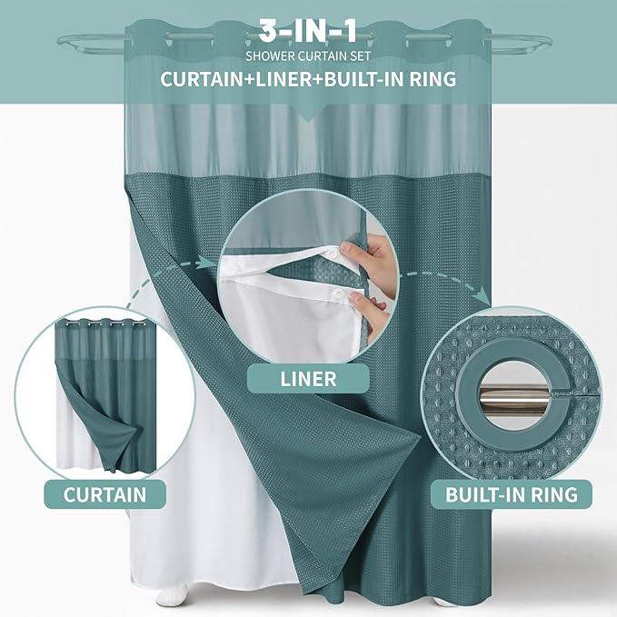 eachope SeawedGreen Long No Hook Waffle Weave Shower Curtain with snap-in Liner Replacement, 230GSM Waterproof Fabric Hotel Shower Curtain Set for Bathroom, Through Mesh Top Window,71Wx80H - ModernBath