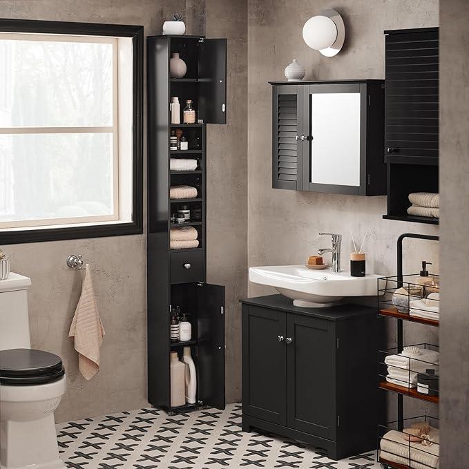 Haotian Narrow Bathroom Storage Cabinet, Tall Slim Bathroom Organizers and Storage for Small Spaces, Freestanding Skinny Cabinet with Doors and Shelves for Tight Corners Black BZR34-SCH - ModernBath