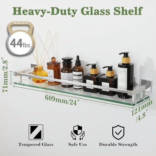 Alise Bathroom Shelf Wall Mounted, Polished Chrome Large Capacity Glass Shelf for Bathroom, 24 inch - ModernBath