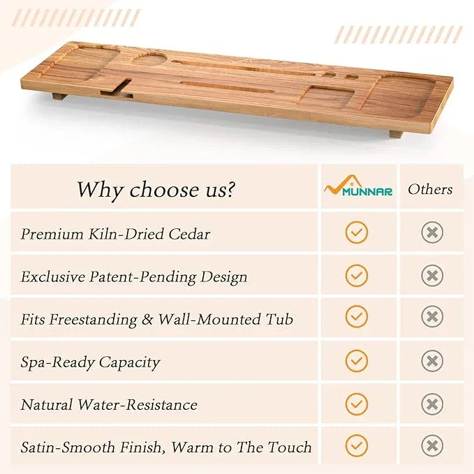 MUNNAR Bathtub Tray for Freestanding Bath, Solid Pine Wood Bath Tray for Tub, Bath Caddy for Home Spa, Adjustable Bathtub Trays for Tub, with Bathtub Accessories Holders, Patent Design, 35x9 - ModernBath