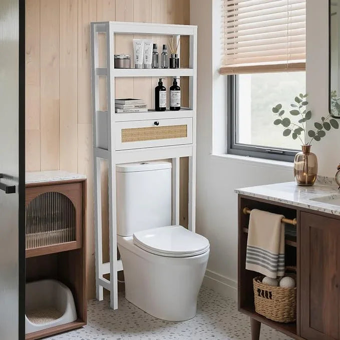 Over The Toilet Storage Cabinet, Behind Toilet Bathroom Organizer with Adjustable Shelves, Above Toilet Organizers with Rattan Door, Space Saver for Restroom, Bathroom, Laundry - ModernBath