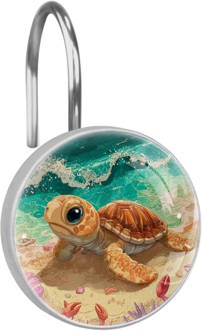 Beach Cartoon Ocean Turtle Shower Curtain Hooks Rings, Stainless Steel Rust Proof Shower Curtain Hooks, Decorative Shower Hooks for Bathroom Shower Rods Curtains, Set of 12 - ModernBath