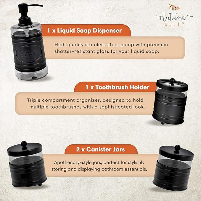 Autumn Alley Farmhouse Matte Black Bathroom Accessories Set (4 PCS) - Lotion Soap Dispenser, Black Toothbrush Holder Set, 2 Glass Apothecary Jars (Qtip Holder) - Rustic Bathroom Accessories Set - ModernBath